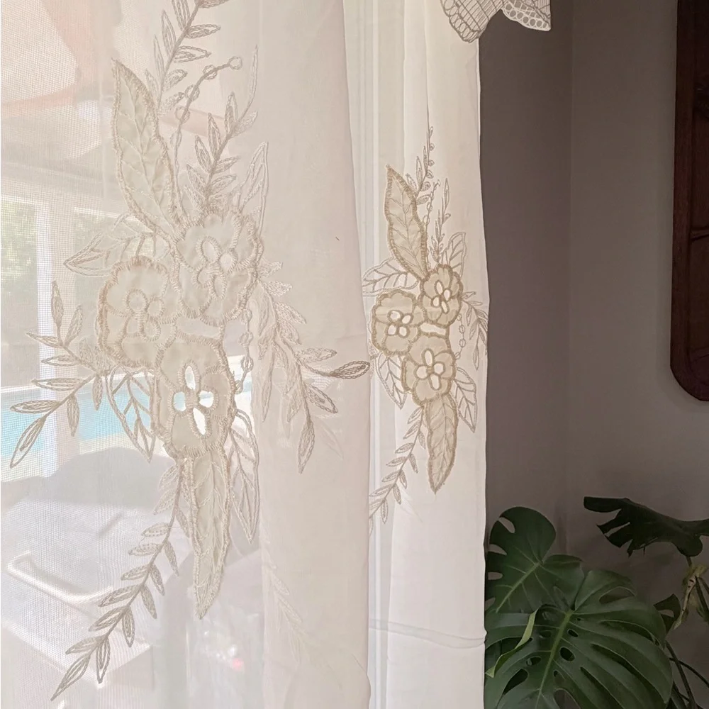Vintage Embroidered Sheer Curtains Floral Lace 76x59 Set of 2